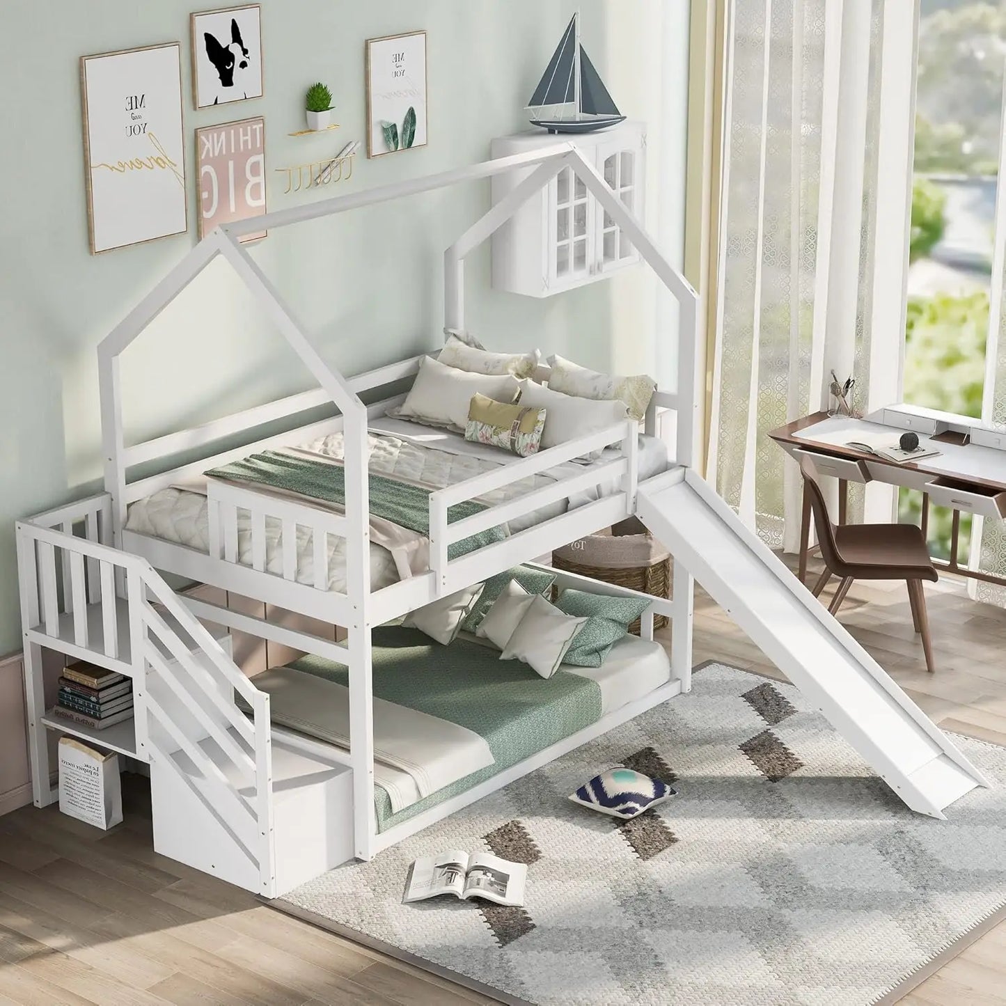 Twin Over Twin Bunk Bed with Slide and Stairs and Storage Shelves