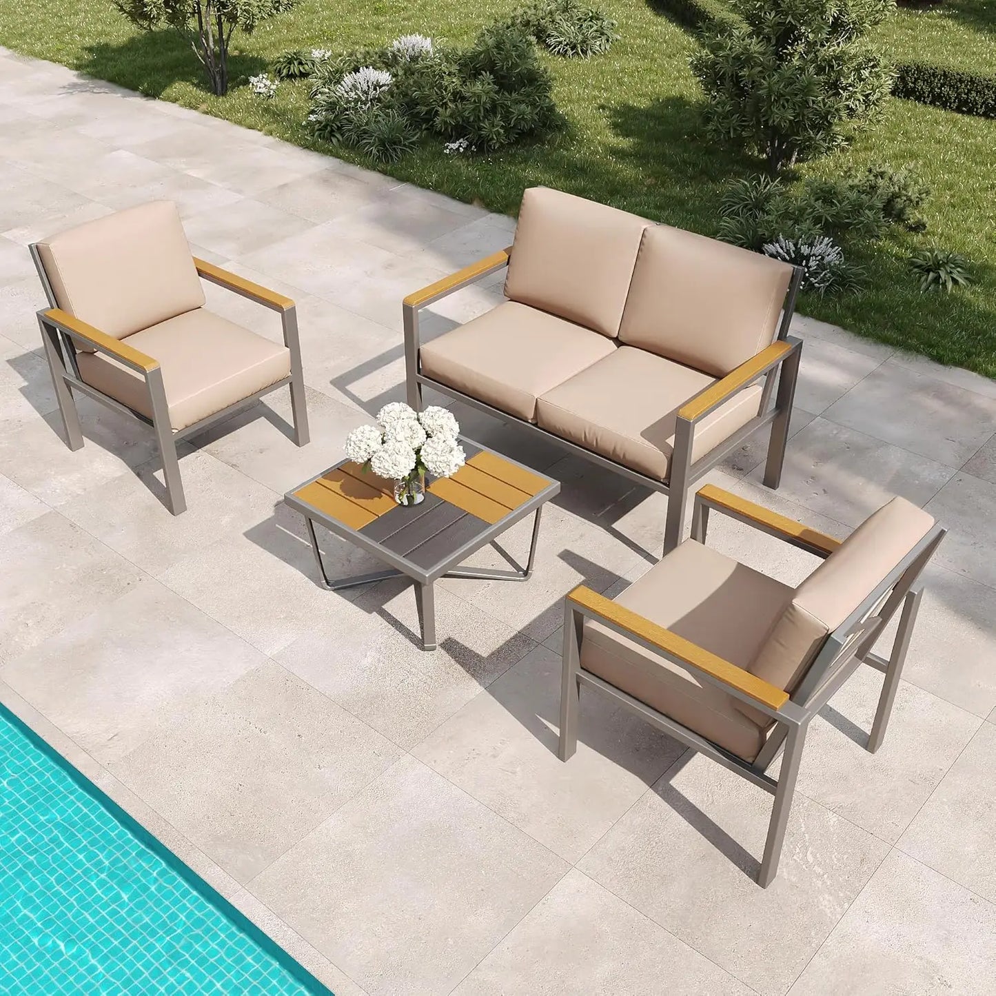 Outdoor Patio Furniture Set with Cushions & Wood-Like Armrests