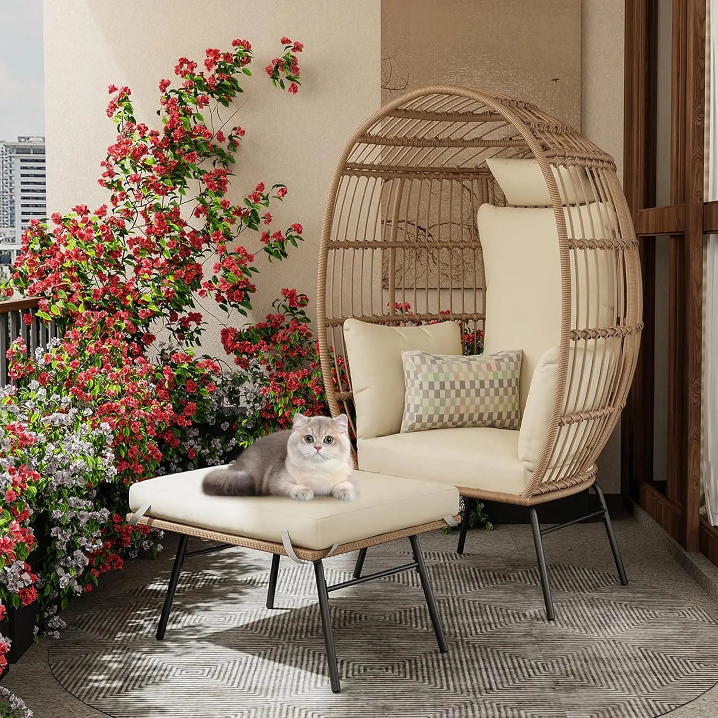 Waterproof UV Resistant Wicker Egg Chair with Ottoman with Cushions