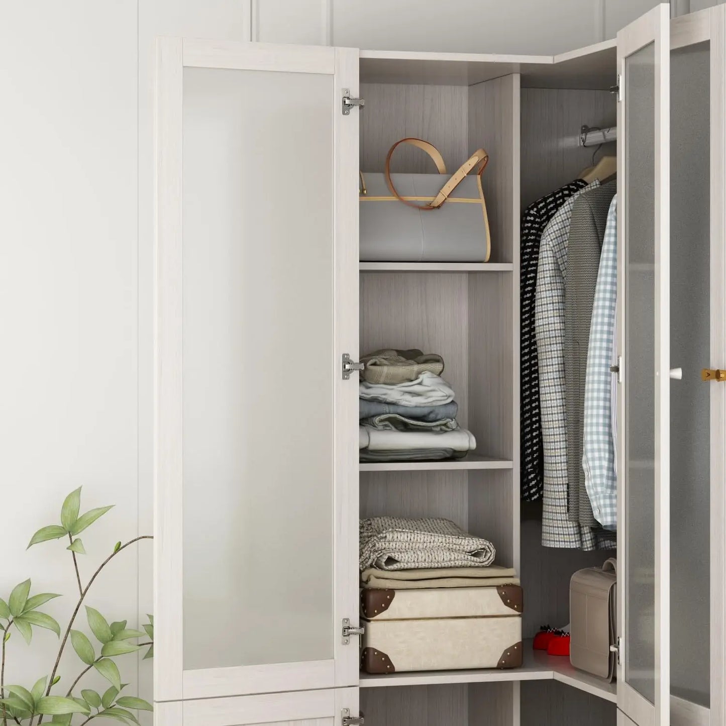 L-Shape Wooden Wardrobe with Frosted Glass Doors