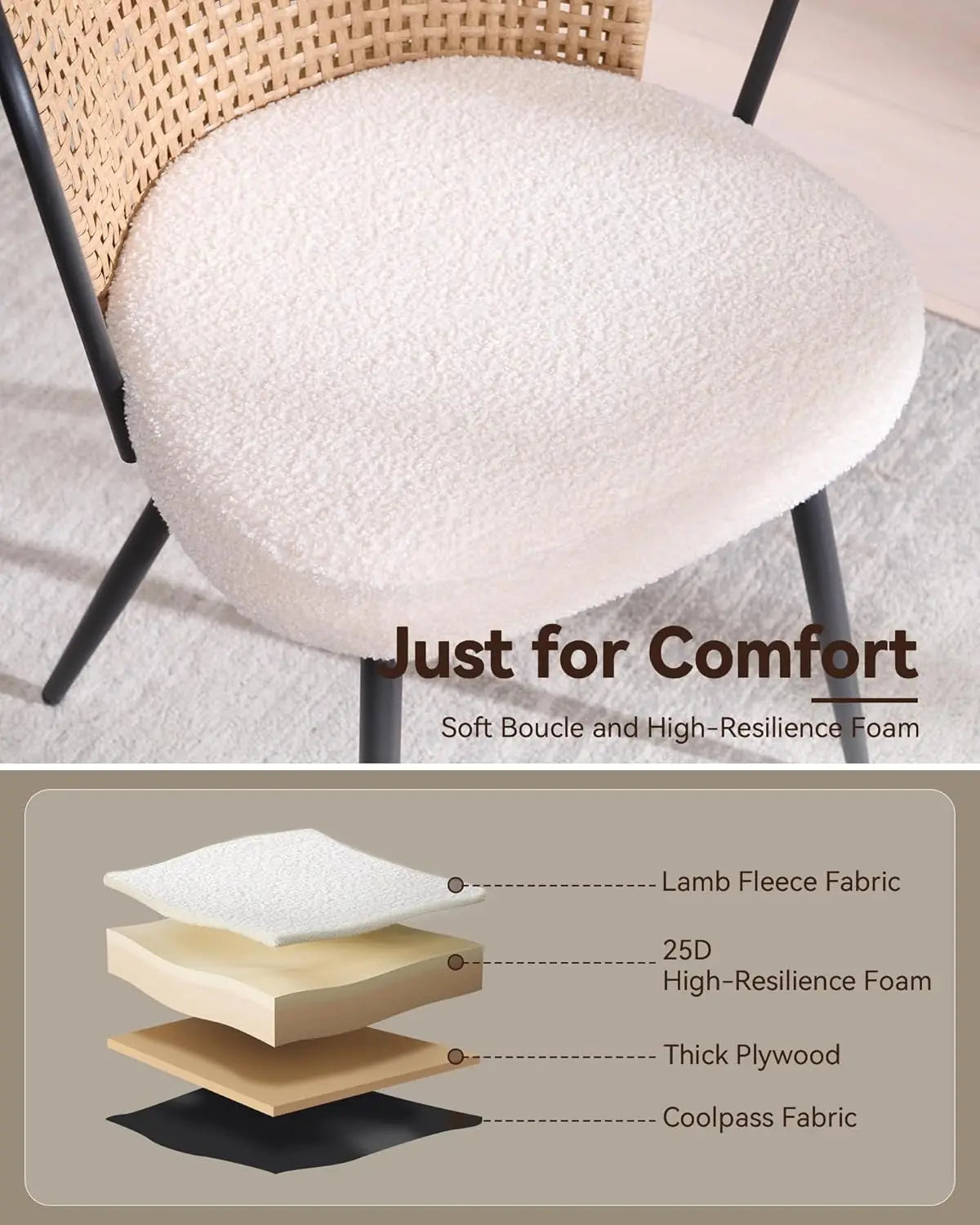 Rattan Dining Chairs with Boucle Cushion and Metal Legs