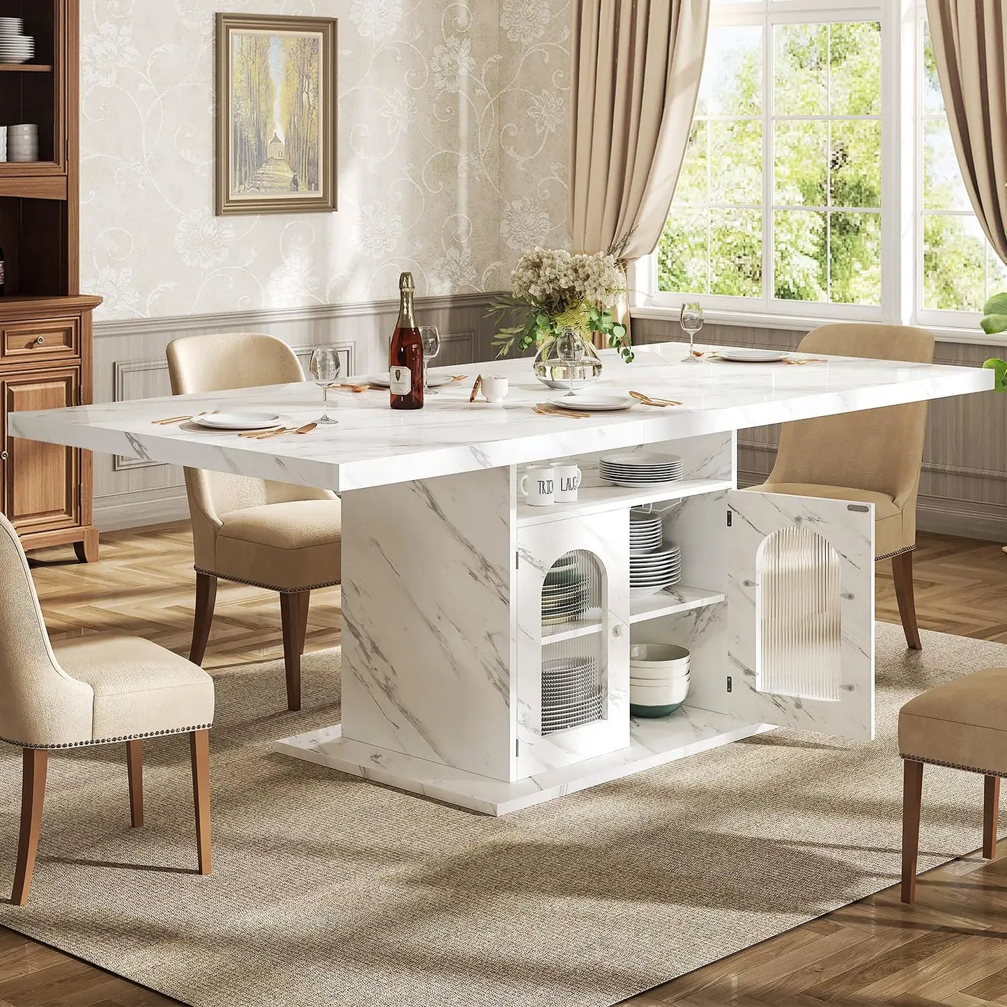 Rectangle Dining Table with Faux Marble Top Storage Shelves Cabinet