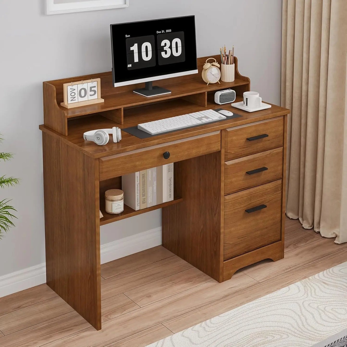 Computer Desk with File Cabinet & Monitor Stand