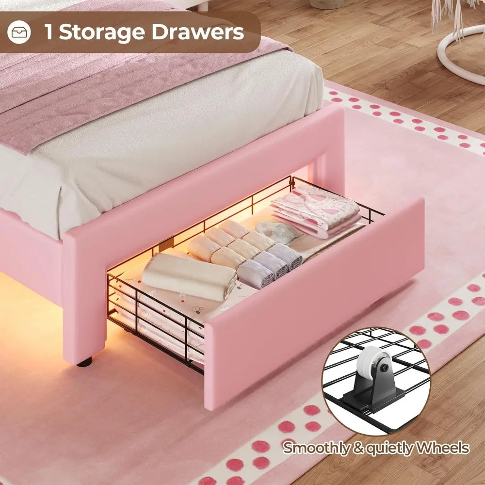 Twin Size Girl Bed with Storage Drawer & LED Lights