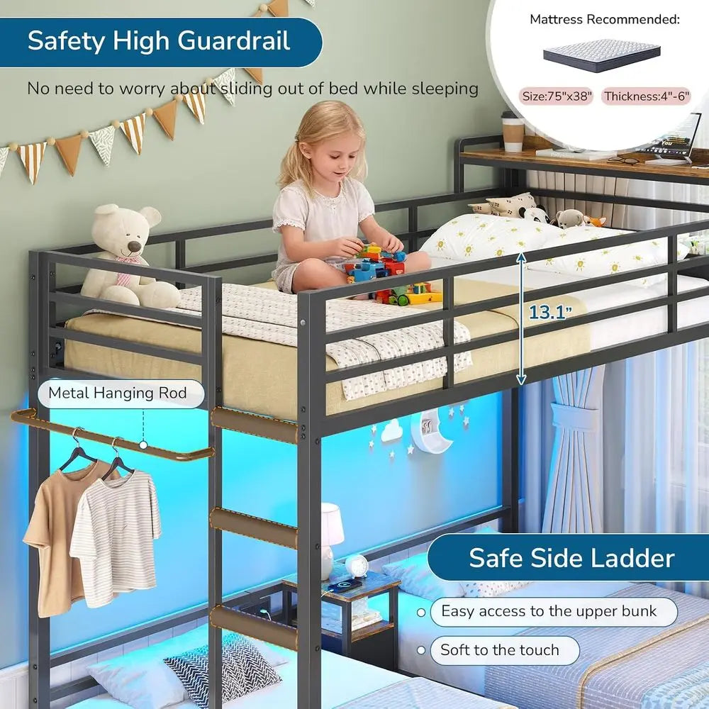 Triple Bunk Bed with Storage Dressers and Bed Shelves