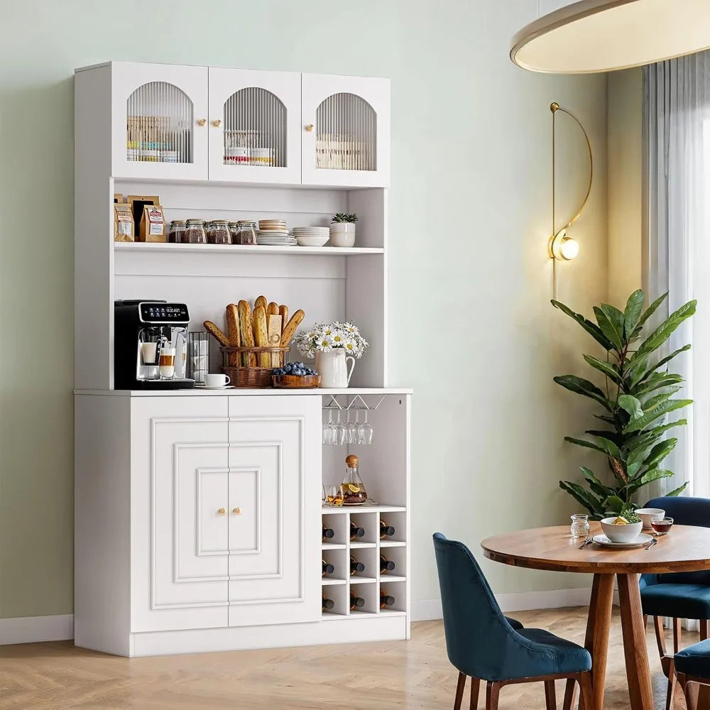 Kitchen Pantry Cabinet with Microwave Shelf & Wine Glass Rack Storage Buffet