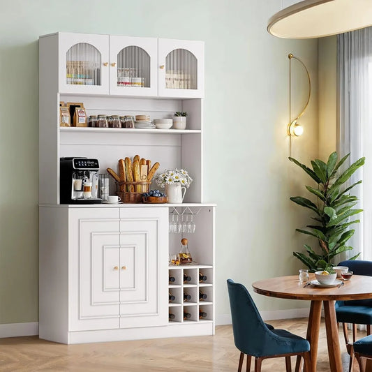 Kitchen Pantry Cabinet with Microwave Shelf & Wine Glass Rack Storage Buffet