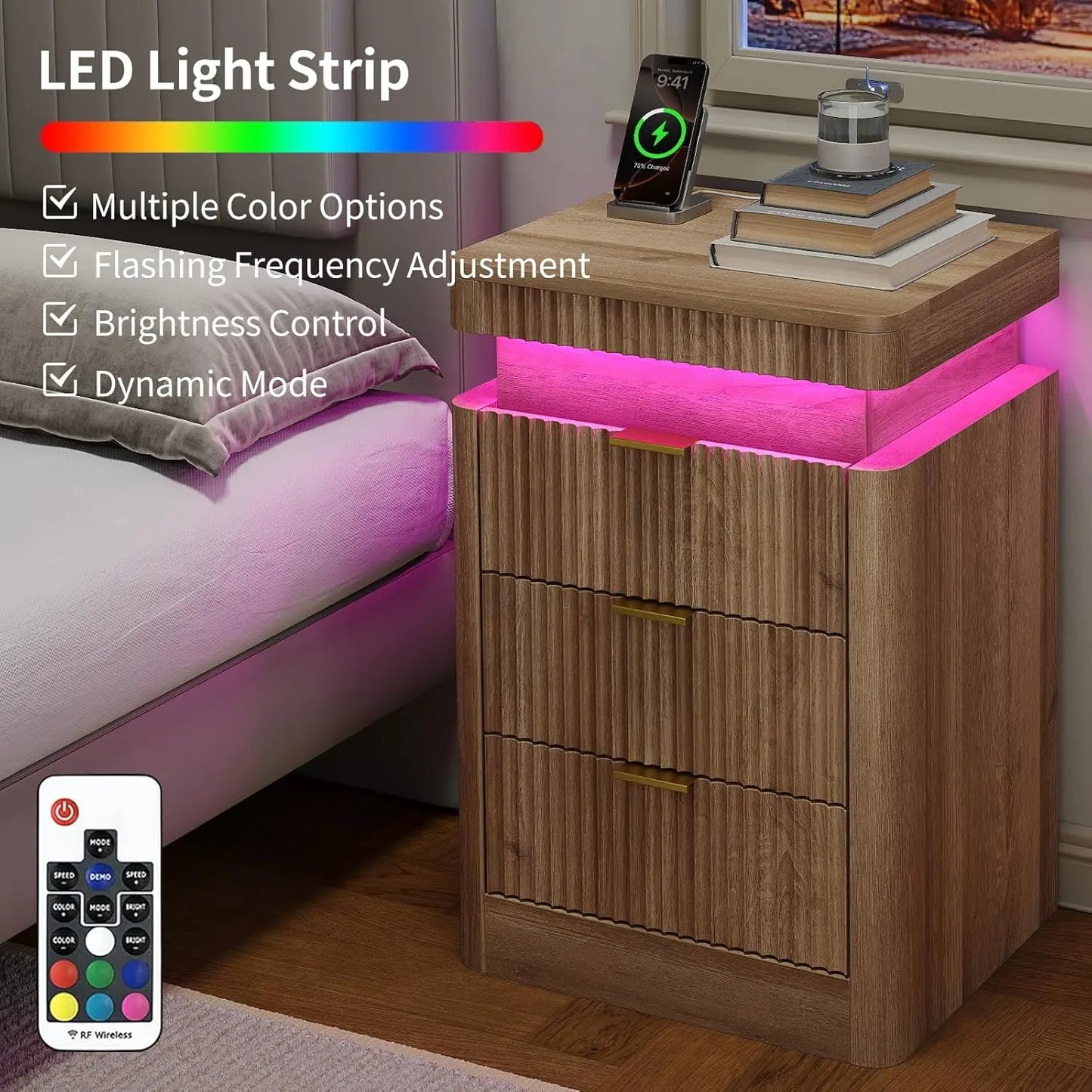 Fluted Night Stand with Charging Station