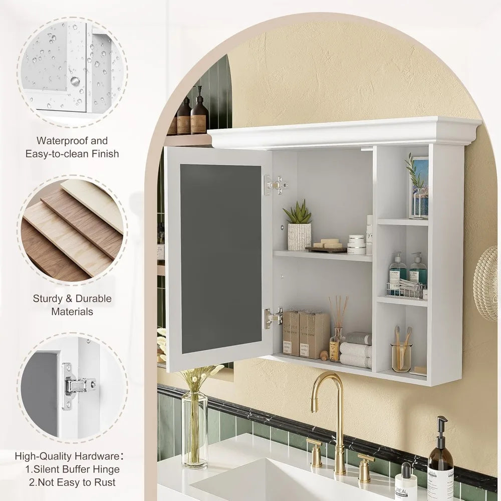 Bathroom Storage Cabinet with Mirror Door and 6 Adjustable Open Shelf