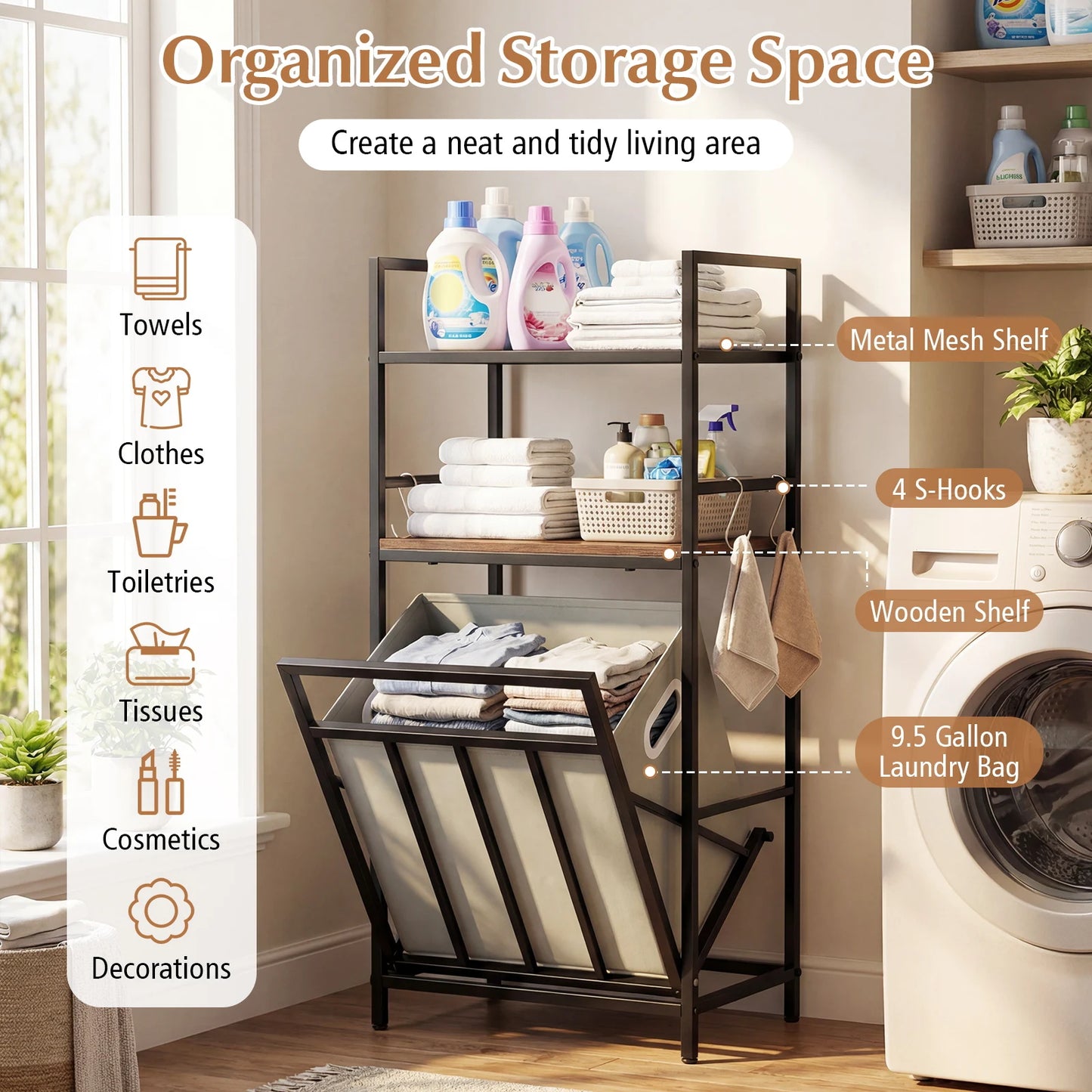 Laundry Hamper w/ Tilt-out Basket w/ 4 Hooks & Removable Bag