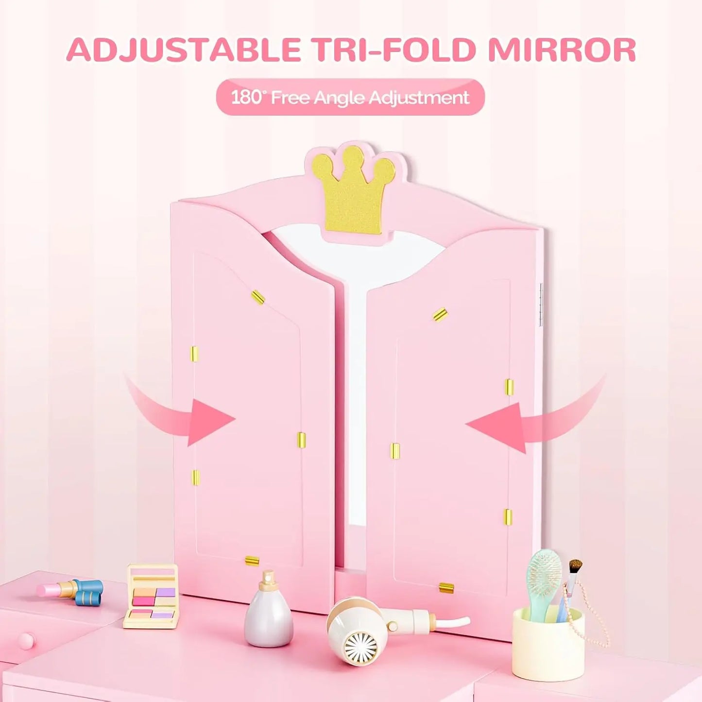 Extra-Wide Tri-Fold Mirror Vanity Table & Chair Set