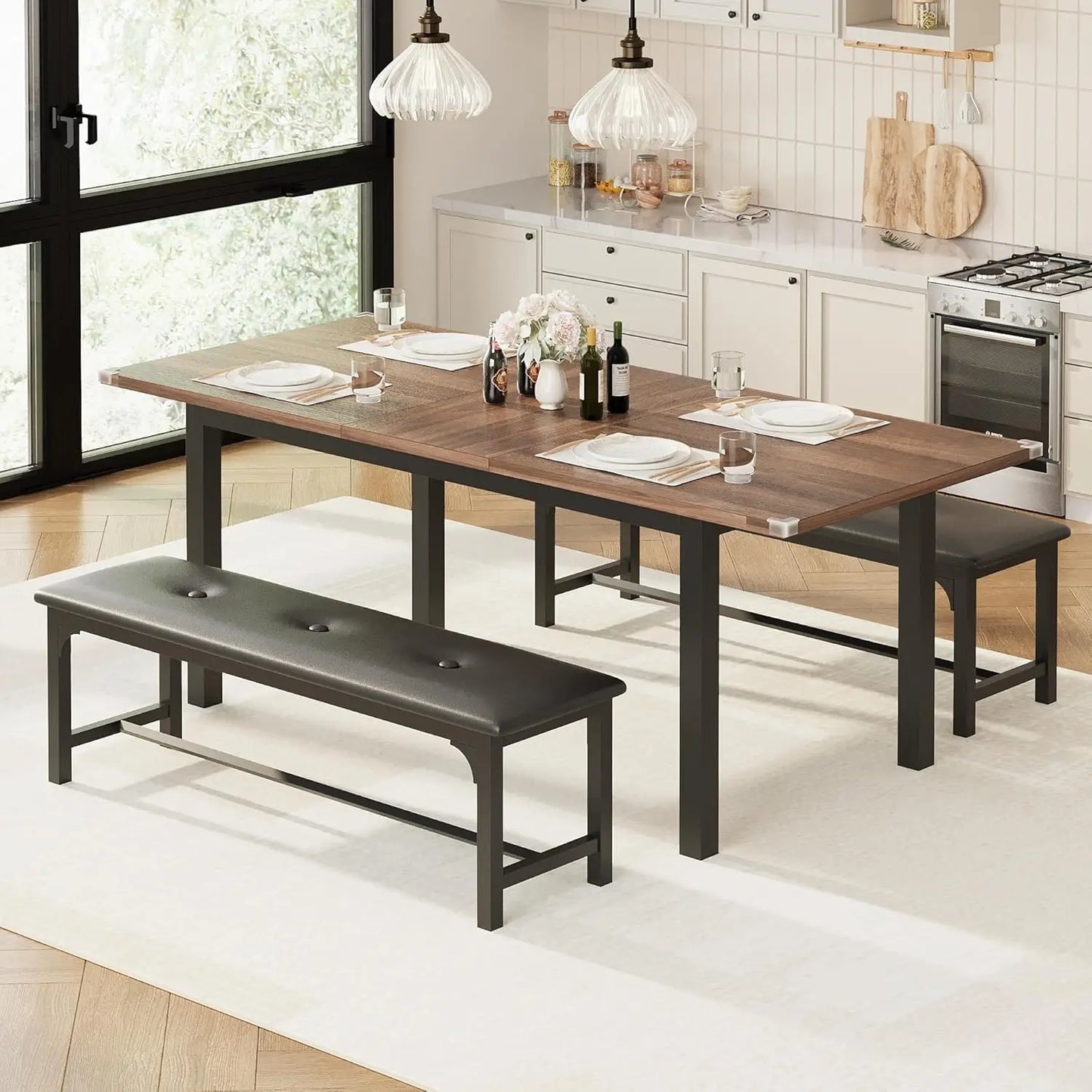 Extendable Dining Table with Upholstered Benches and Stools