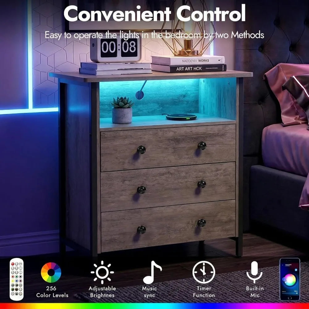 Large Nightstand with Charging Station & LED Lights