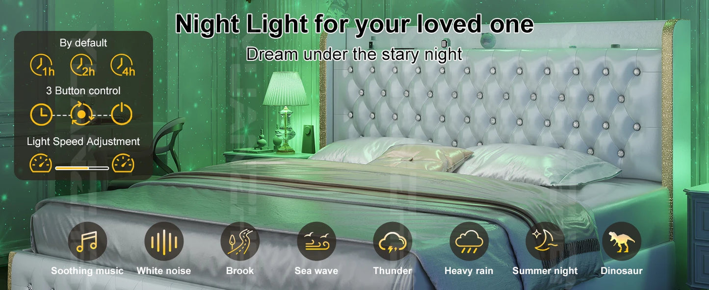 Bed Frame, Galaxy Projector, Bluetooth Speaker, USB Ports, 4 Drawers, No Box Spring Needed