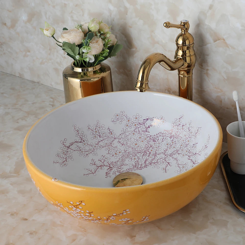 Ceramic Vessel Counter Top Flower Bird Pattern Bowl Sinks for Bathrooms