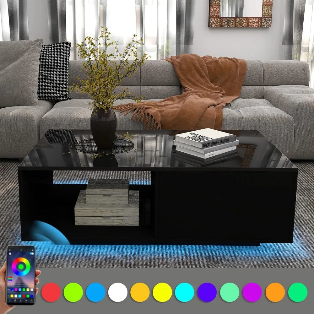 High Gloss Modern LED Coffee Table with Storage Space
