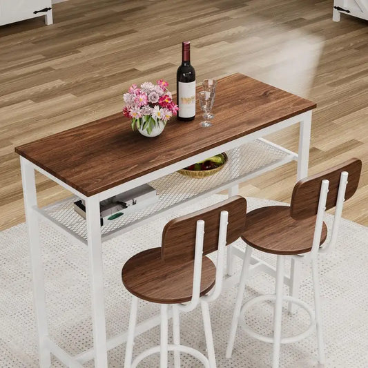 Modern Counter Height Bar Table Set with Metal Frame and Storage Rack