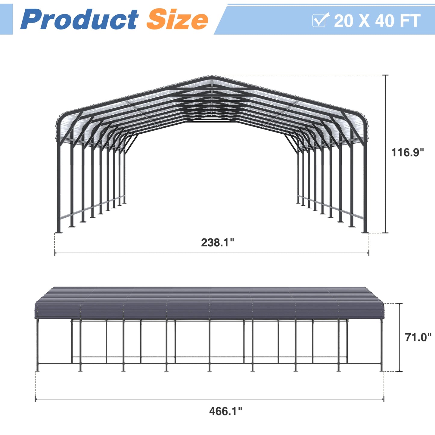 Heavy Duty Multi-Size Metal Carport w/ Enhanced Base