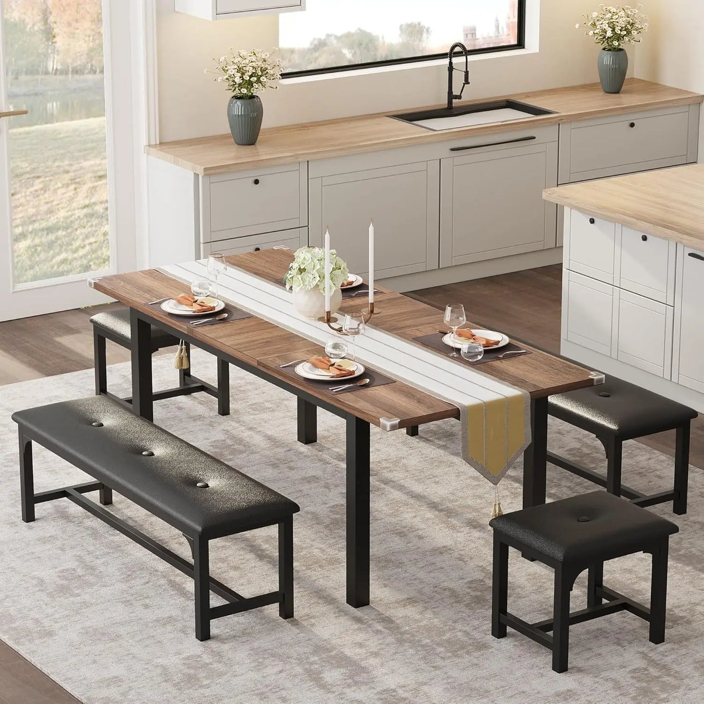 Extendable Dining Table with Upholstered Benches and Stools