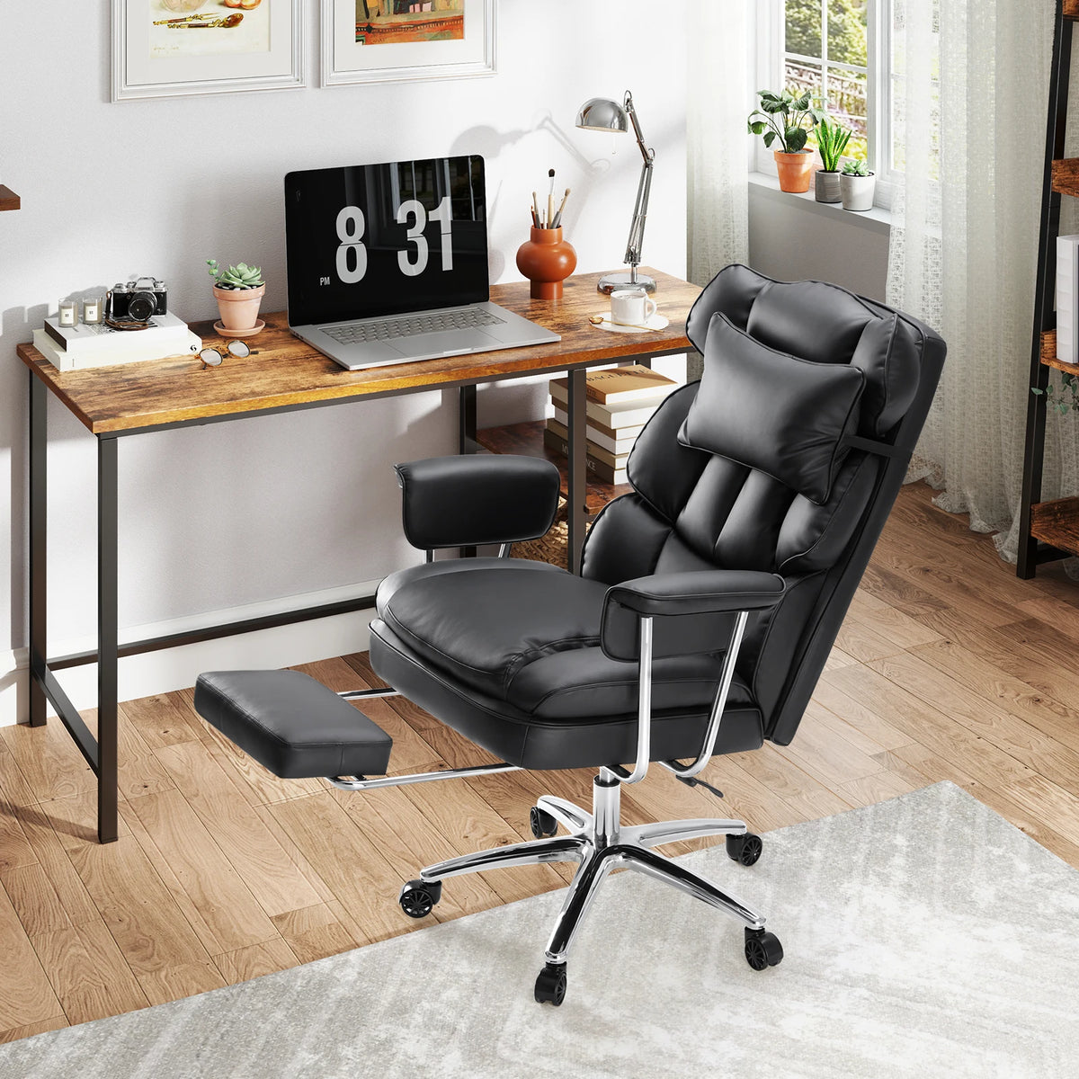 PU Leather Chair with High Back and Footrest Lumbar Support