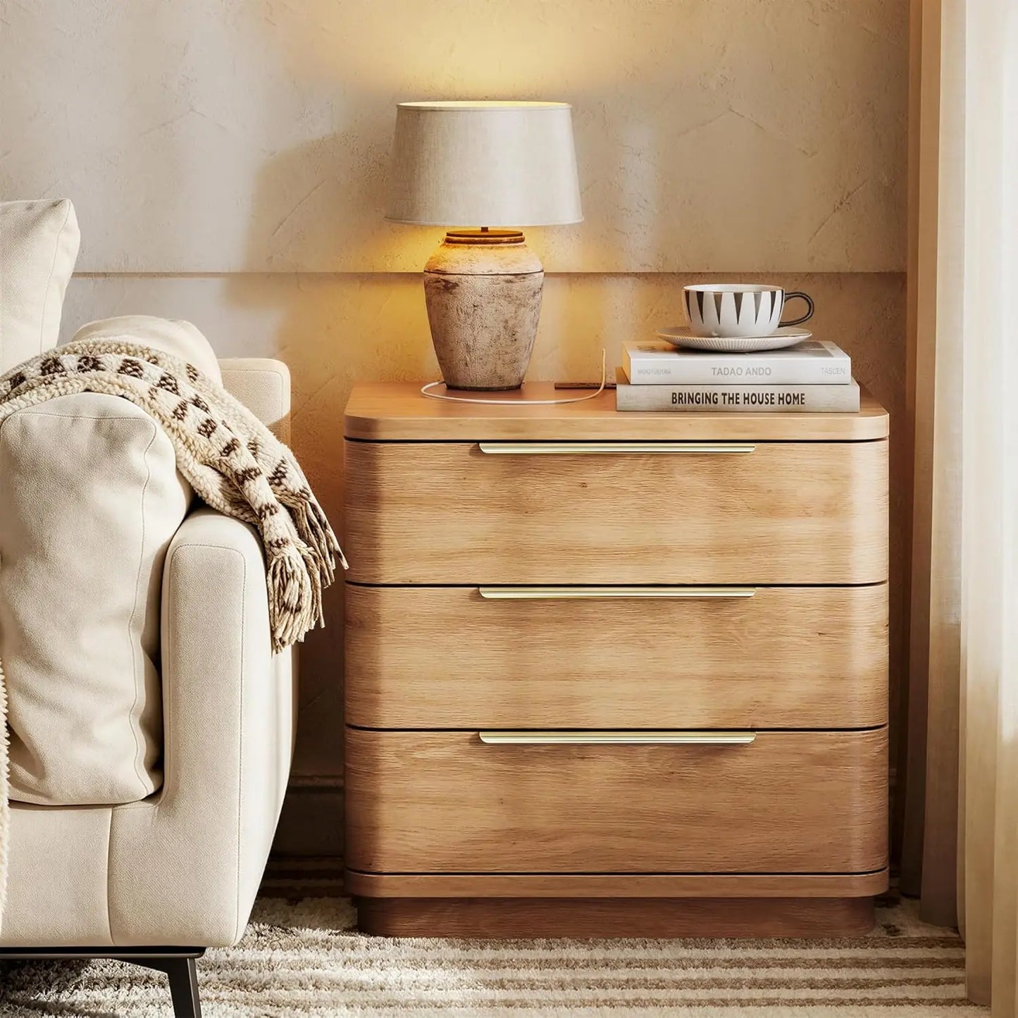 Natural Wood Nightstand with Drawers and Charging Station