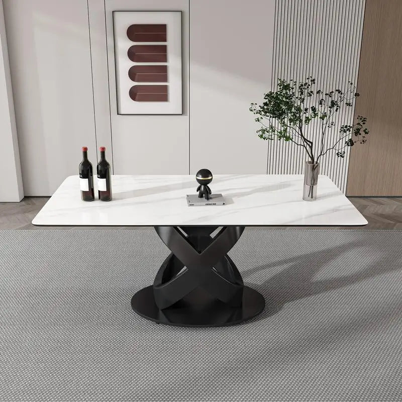 Modern Luxury Rectangular Dining Table with Centered Stone Top and Carbon Steel Base