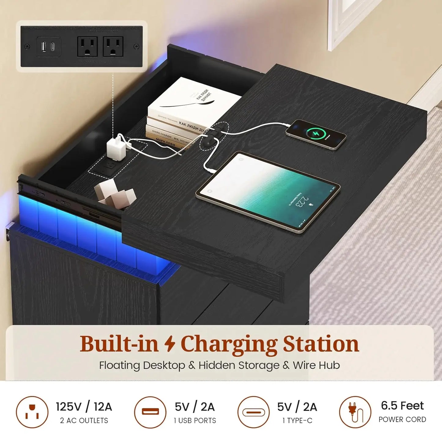 Sliding Top LED Power Outlet with Wood Chest