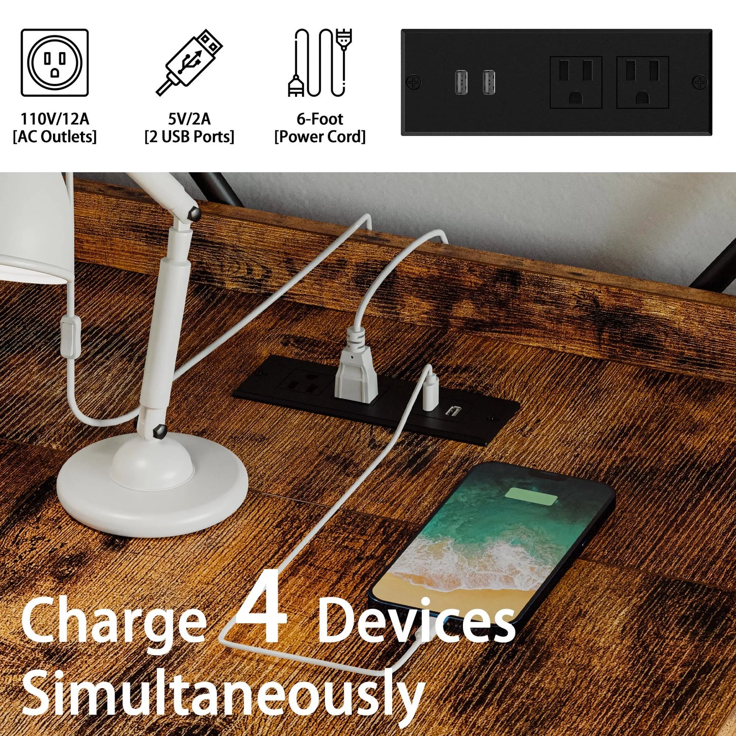 Computer Desk with Power Outlet with Storage Shelves and USB Ports Charging Station