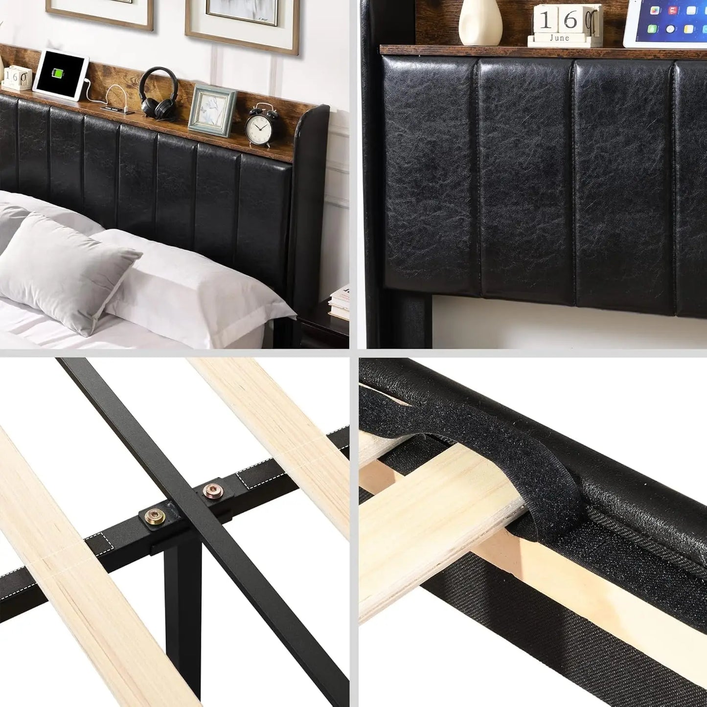 Upholstered Platform Bed Frame with Charging Station