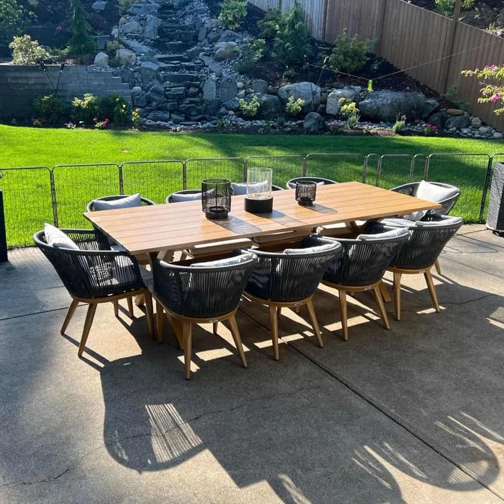 Patio Dining Set with Table and Chairs - Teak-Finish Aluminum Frame