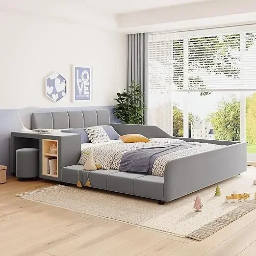 Velvet Upholstered Grounded Bed Platform Bed with Bedside Desk and Little Round Stool