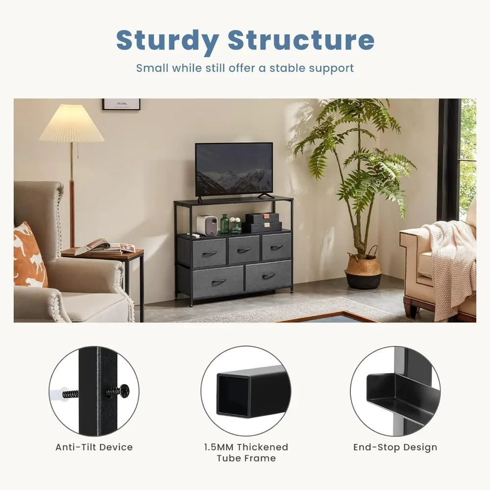 TV Stand Dresser with 5 Fabric Storage Drawers Media Console