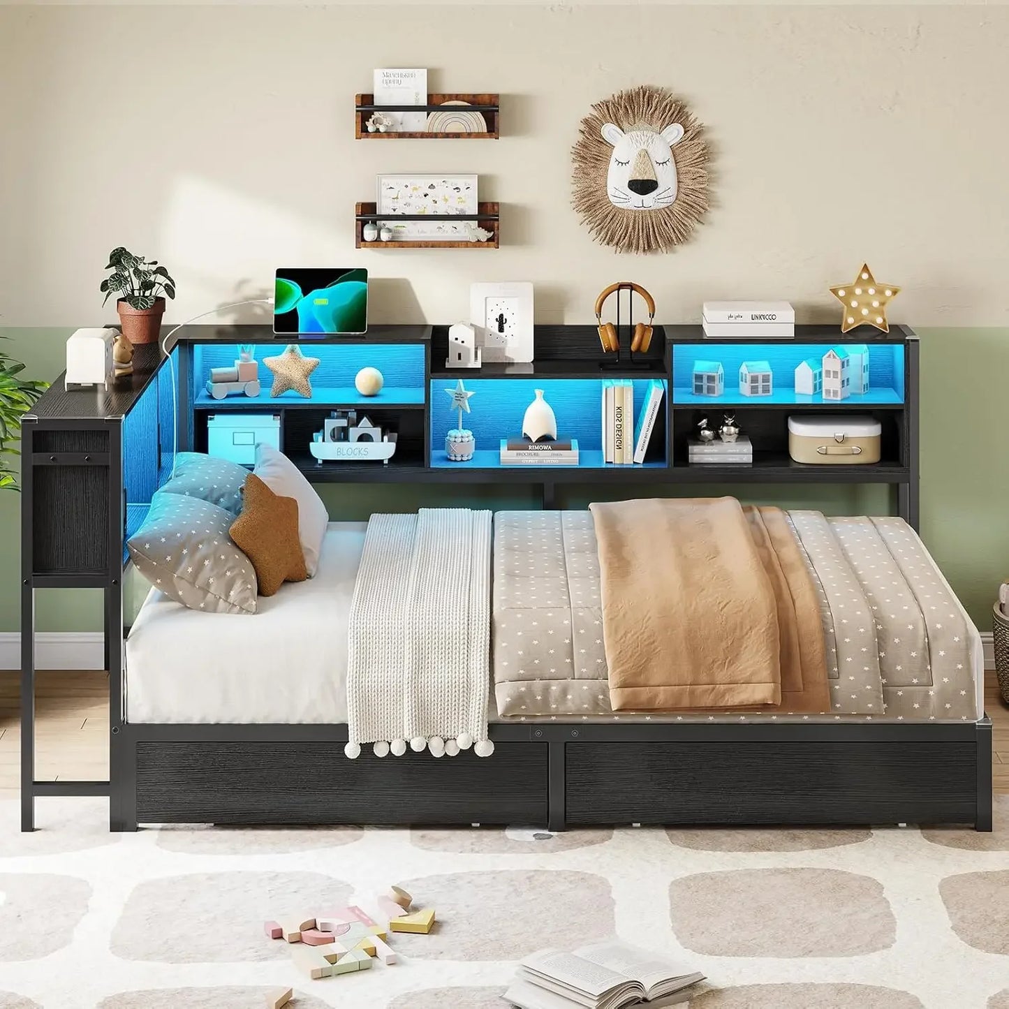 Corner Bed Frame with Bookcase