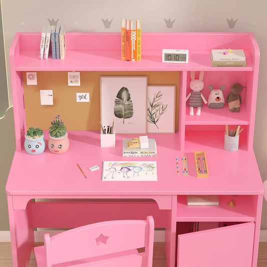 Wooden Student Writing Table Computer Workstation with Hutch Storage Cabinet