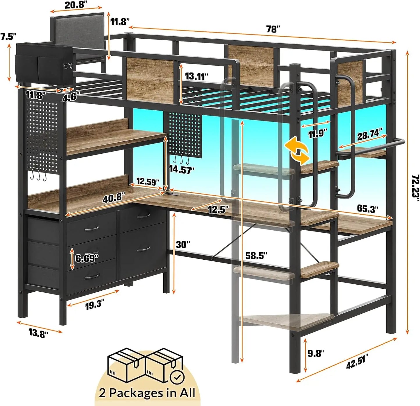 Loft Bed with Desk & RGB LED Lights and Charging Station