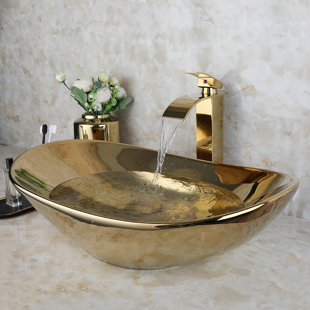 Gold Ceramic Luxury Bathroom Vessel Sink Set