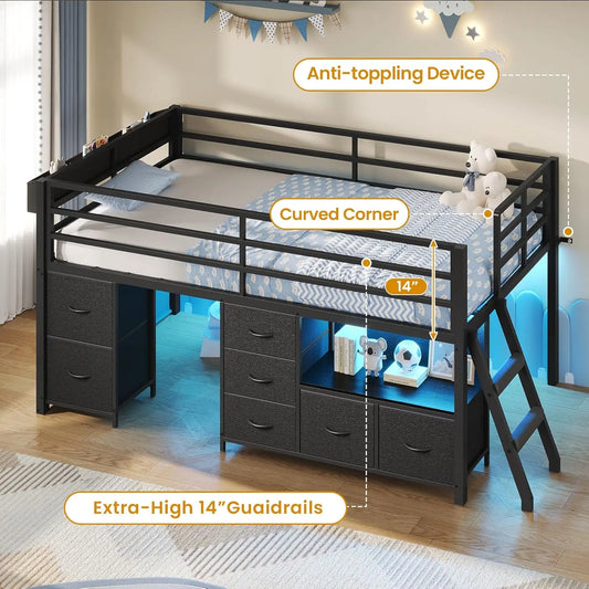Metal Low Loft Bed Twin Size with Bookcase and LED Lights
