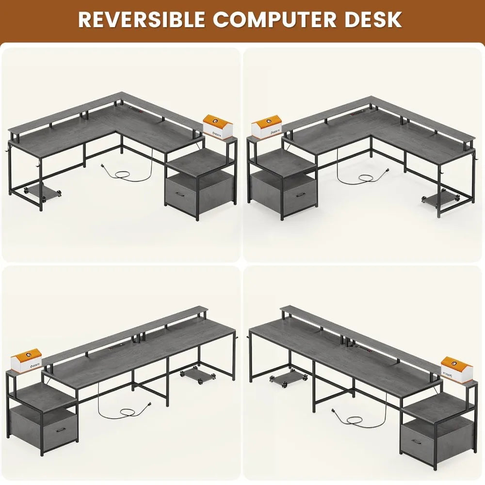 L Shaped Desk with Wood File Drawer & Power Outlet