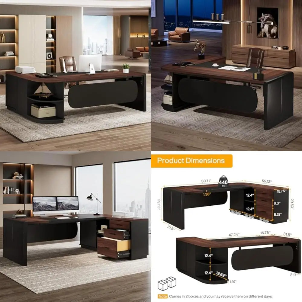 L-Shaped Executive Desk with Cabinet and Storage Shelves
