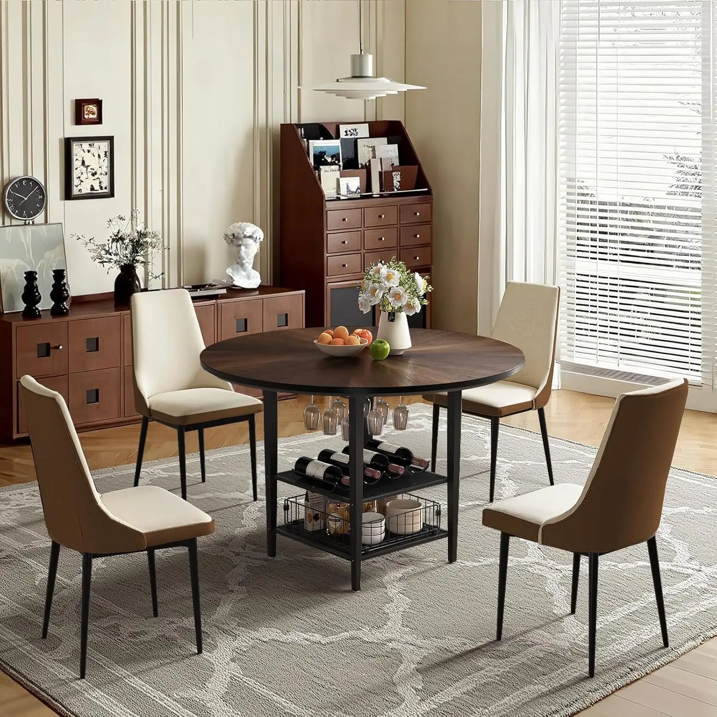 Extendable Round Dining Table with Wine Rack Storage Shelf