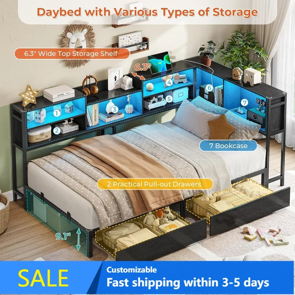 Corner Bed Frame with Bookcase