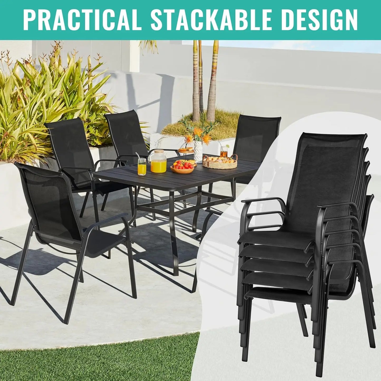 Stackable All-Weather Patio Chairs with Backrest & Armrests