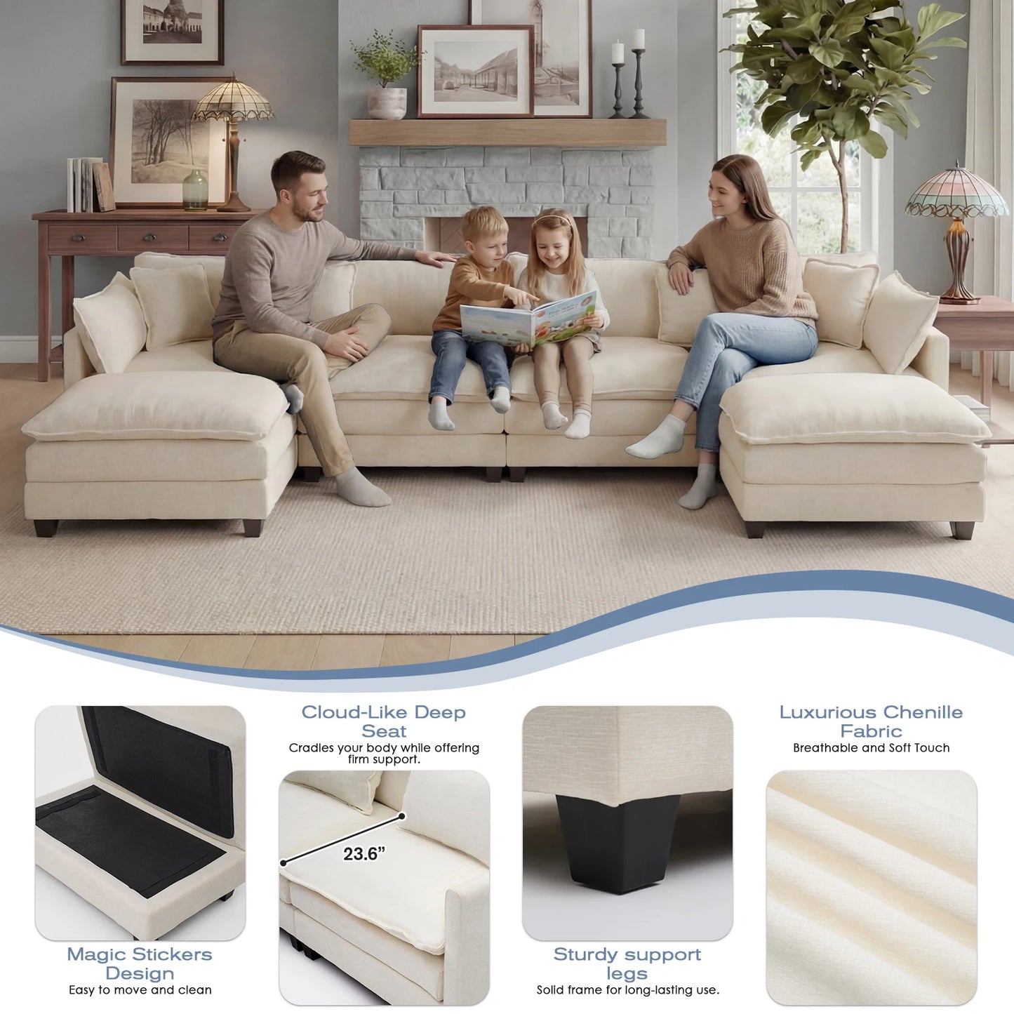 Modular Sectional Sofa with Ottoman, Comfy Cloud Couch with Deep Seat