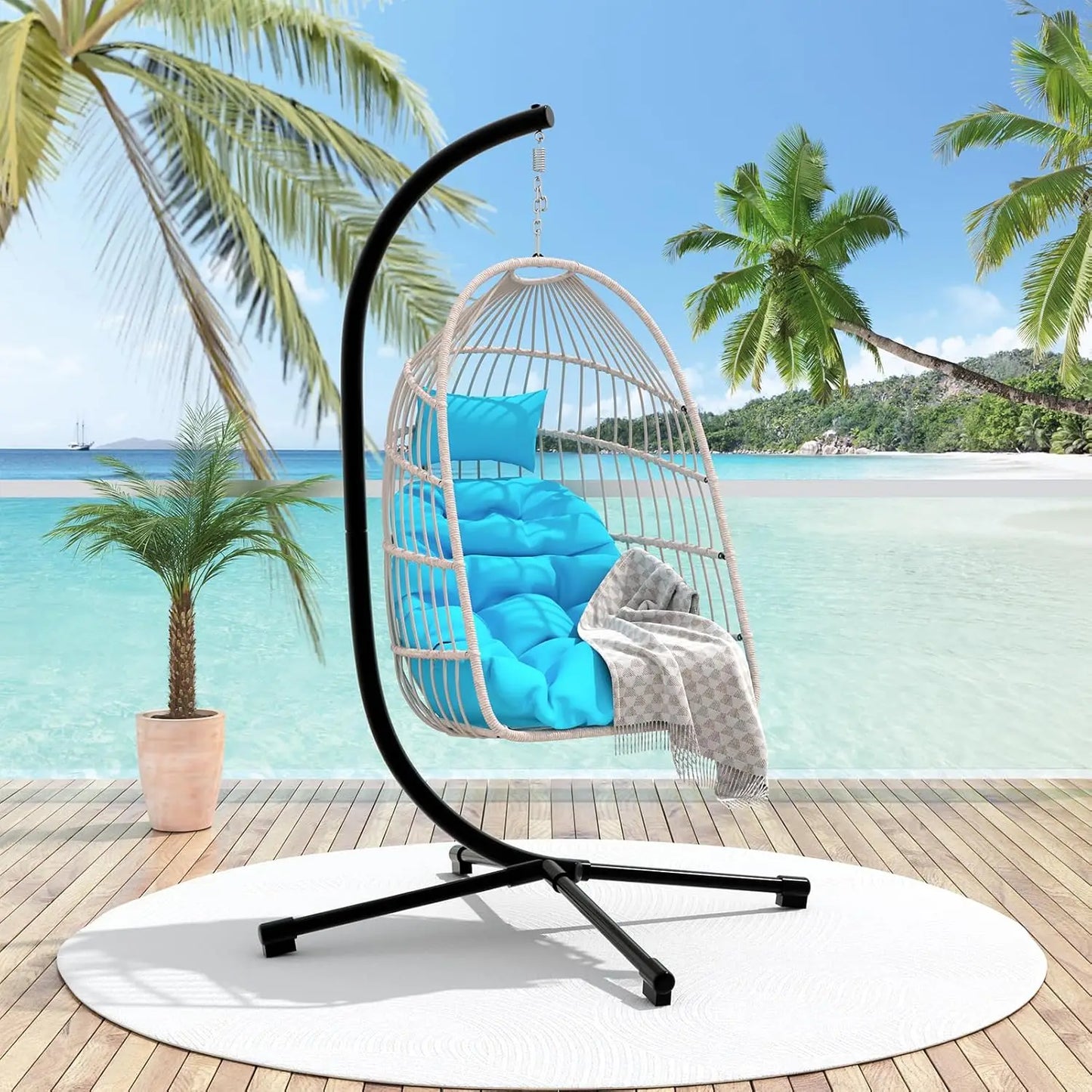 Outdoor Patio Wicker Swing Egg with Stand