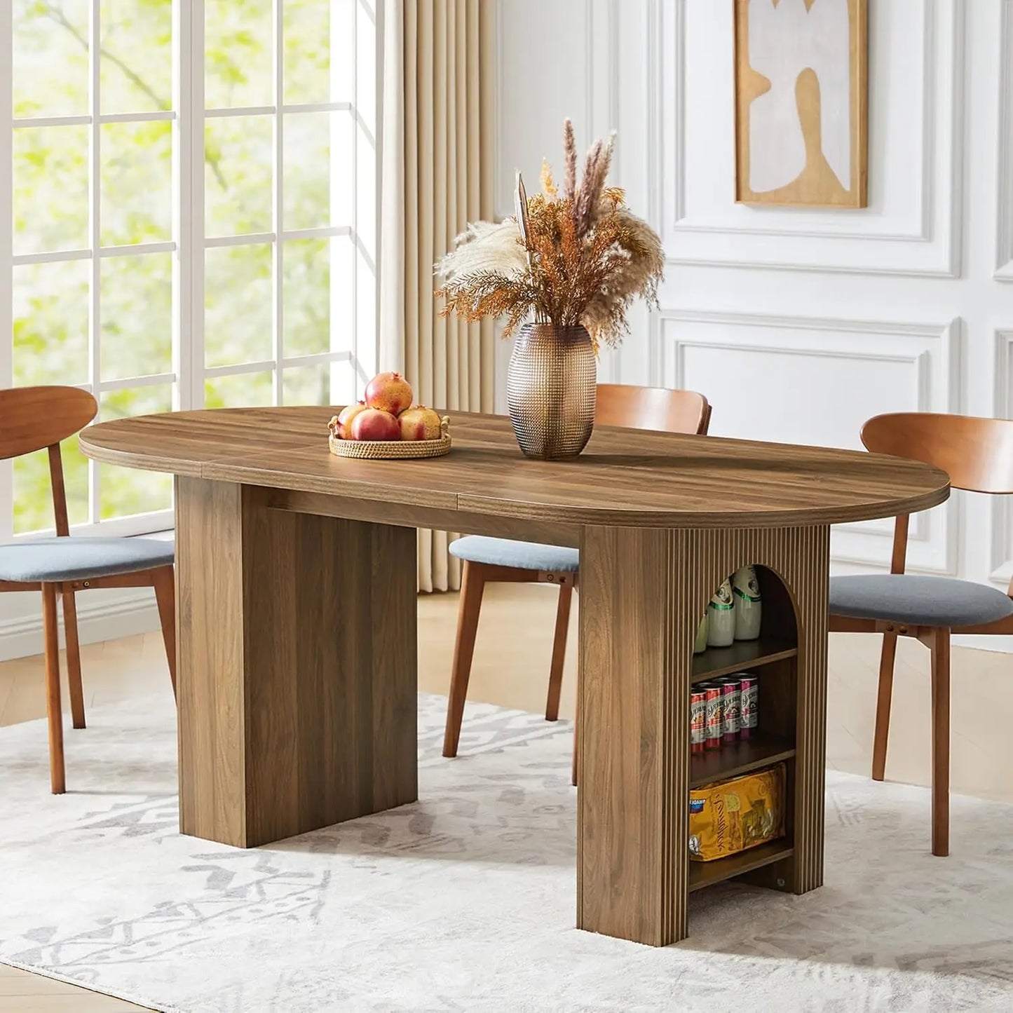 Fluted Base Modern Oval Round Extendable Dining Table