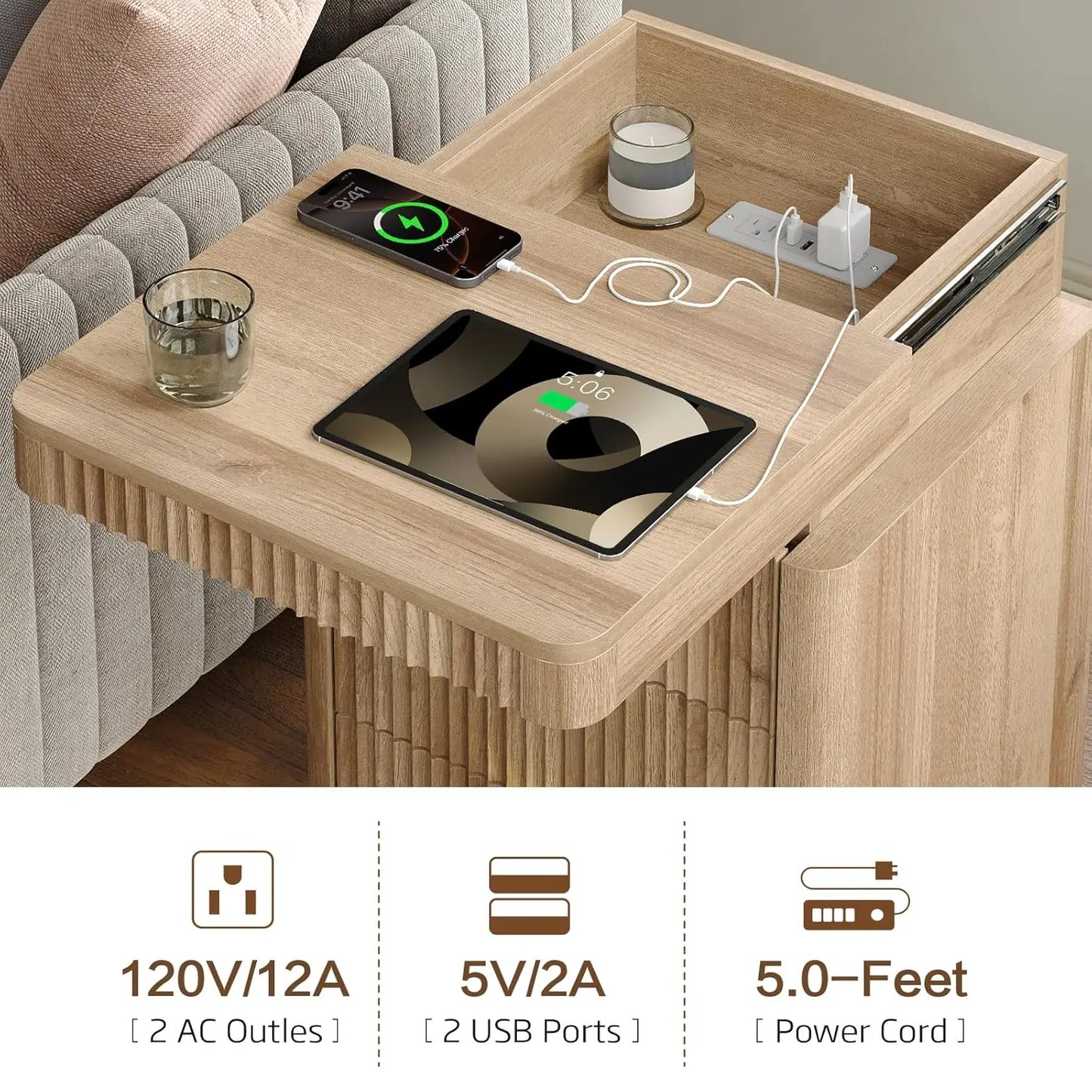 Fluted Night Stand with Charging Station