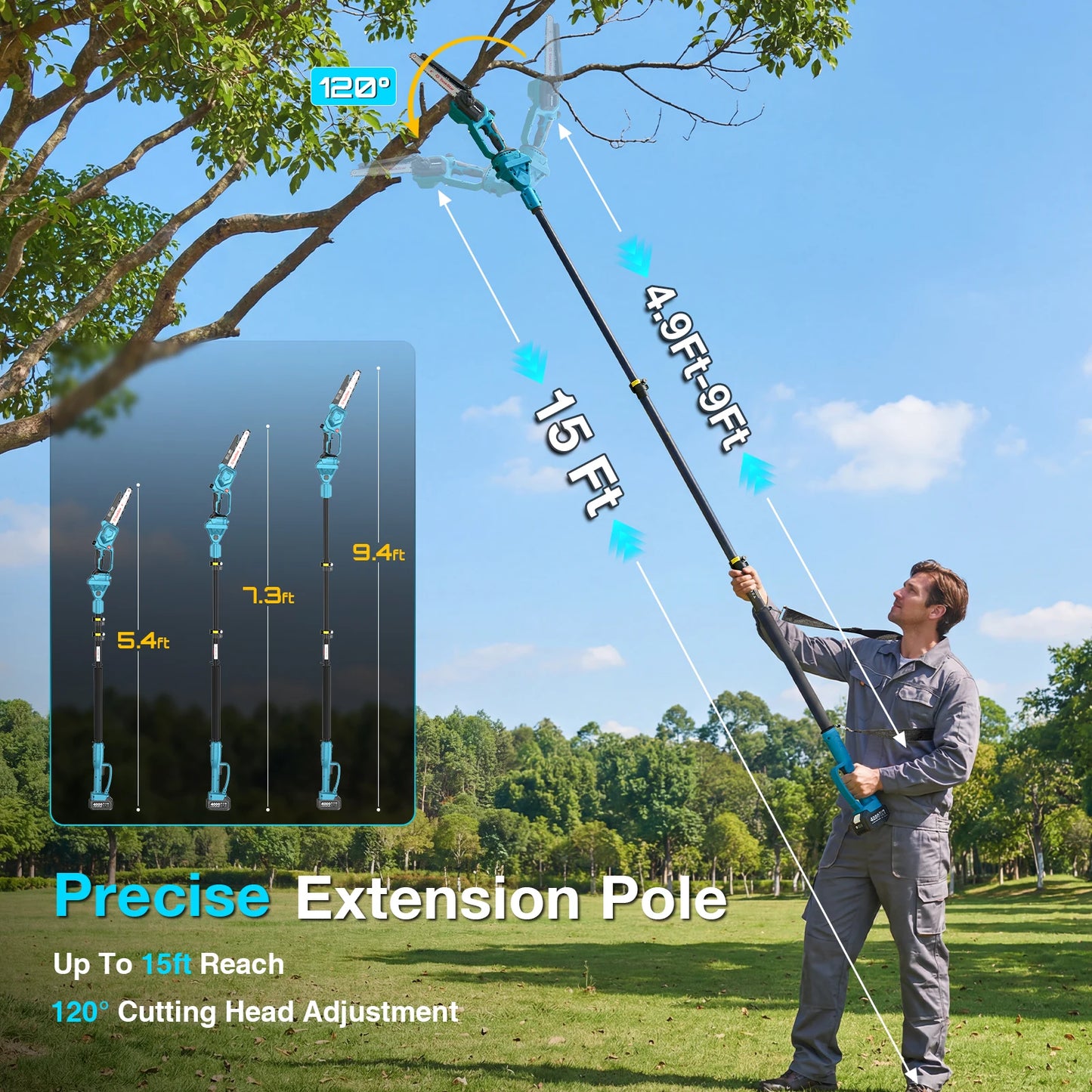 Electric Pole Saw, Cordless Chainsaw, Telescopic Pole, Pruning Tool, 2 4.0Ah Batteries