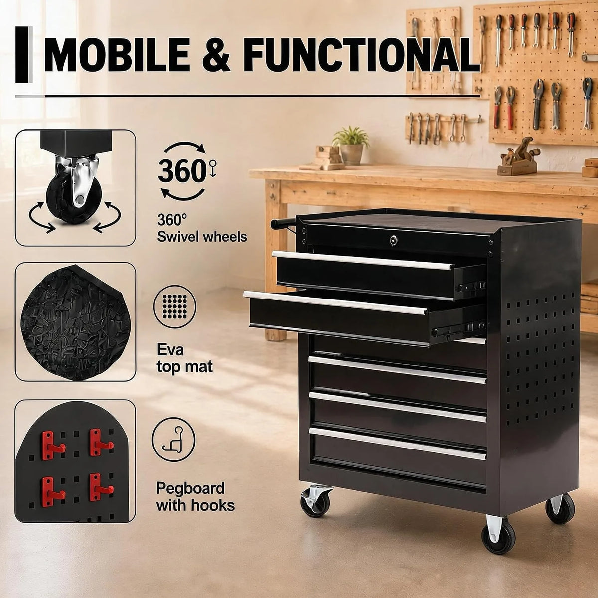 Heavy Duty Rolling Tool Chest with Wheels and Locking System