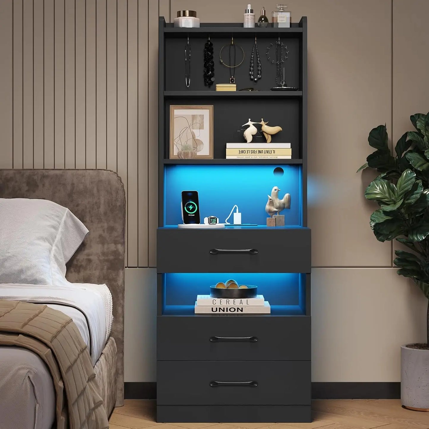 Tall Nightstand with Charging Station and LED Light