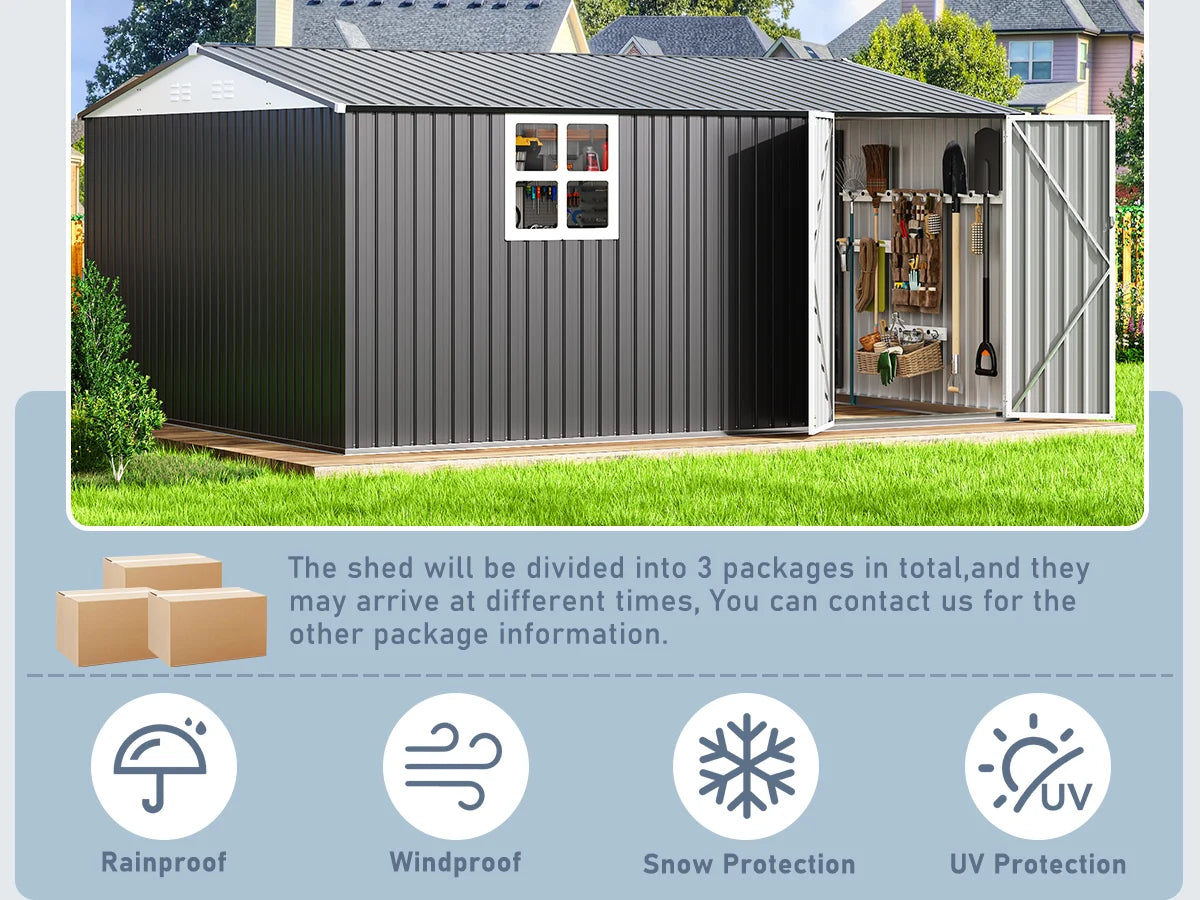 Heavy-Duty Metal Frame Storage with Window and Lockable Tool Shed
